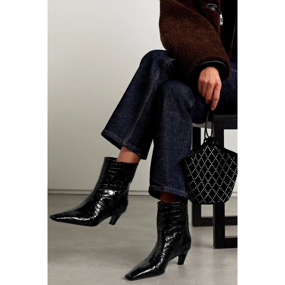 KHAITE Shoes - KHAITE Arizona Ankle Boots Black Croc Embossed Patent Leather
